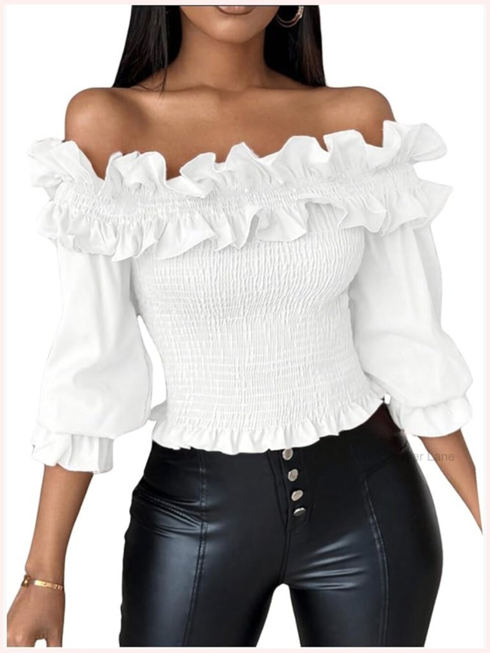 Off Shoulder Ruffle Trim Flounce Sleeve Shirred Blouse Top